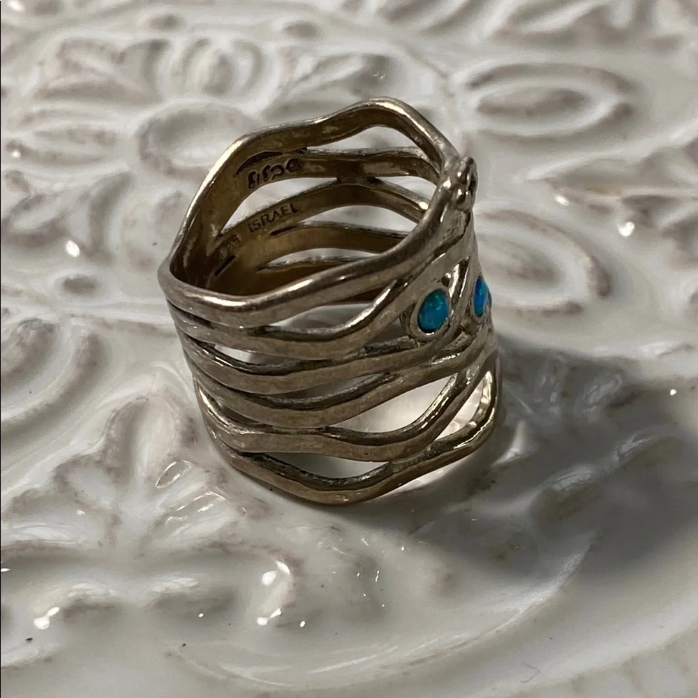 Vintage Israeli Sterling Silver Blue Fire Opal Wave Ring Size 6